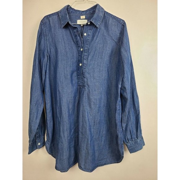 LOFT Tops - Ann Taylor Loft The Softened Shirt Womens Blue 1/4 Button Chambray NEW Top Small